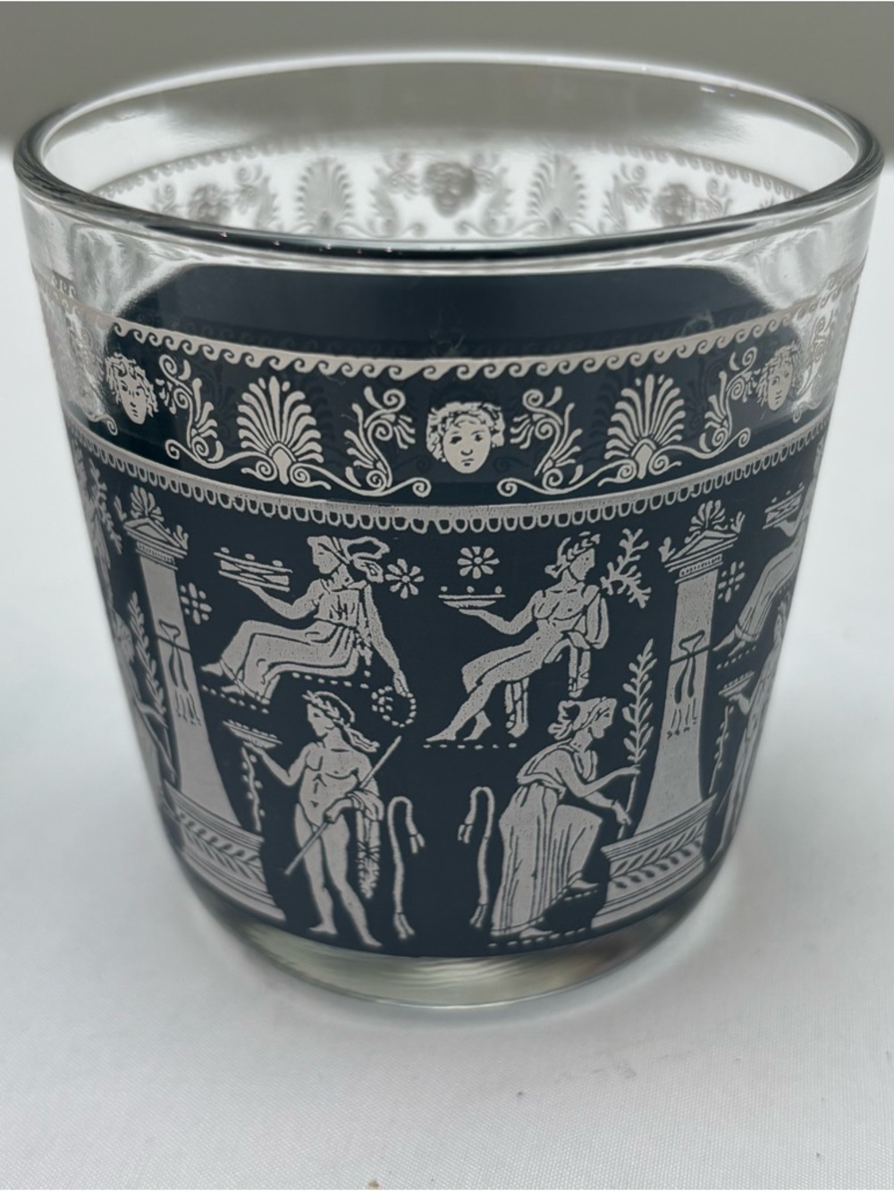 Vintage Jeannette Glass “Corinthian Blue” Lowball Glasses 1960s Greek Figures